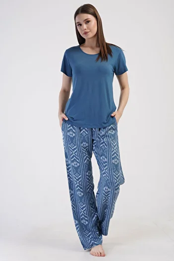 VİENETTA Women's Short Sleeve Indigo Pajamas Set C7T4N0O014
