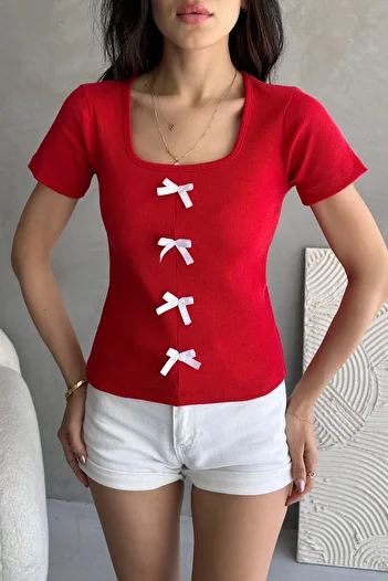 Chicup Women's Red Bow Ribbed Knitted Blouse