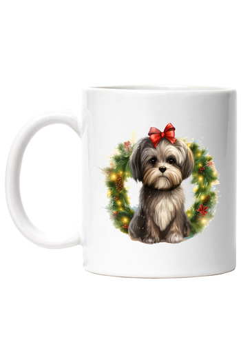 StoryGift Romania Mug with a puppy with a red bow, illustration, wreath, Christmas, mistletoe, pine cones, With ,STG