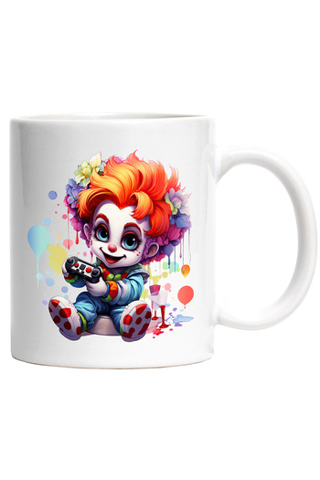 StoryGift Romania Cana cu un baietel clovn | ilustratie | pete de culoare | tine un controller | f, Cu Maner Alb