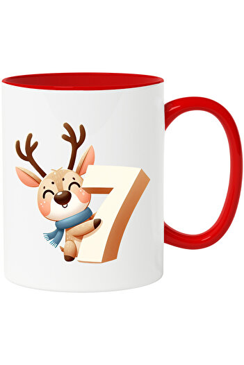 StoryGift Romania Cana cu un ren care tine cifra "7" | scoala | matematica | invata | elevi | anim, Cu Maner Rosu