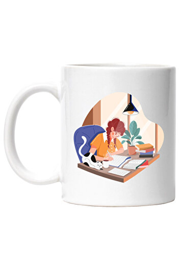 StoryGift Romania Coffee Mug, Cat, Lamp, Desk, Books, Multicolor 330 ml, Ceramic with Handle, With White Handle