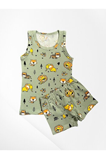 elmas kids Boy's 100% Cotton Safari Animal Figures Patterned Green Undershirt Boxer Set with Stitched Leg Part