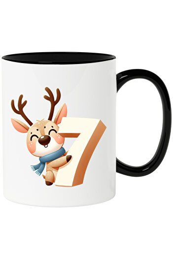 StoryGift Romania Cana cu un ren care tine cifra "7" | scoala | matematica | invata | elevi | anim, Cu Maner Negru