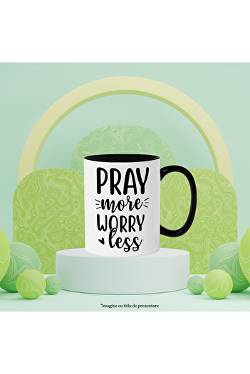 StoryGift Romania Mug with a heart and a message that urges you to pray more and to take care of yourself, with a black handle