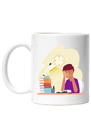 StoryGift Romania Mug With Student, Learned, Pupil, School, Books, Desk Lamp, Notebook, Pen Holder, With White Handle