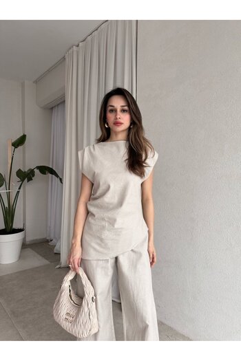 My Blog Natural Asymmetrical Blouse Trousers Set - 7227