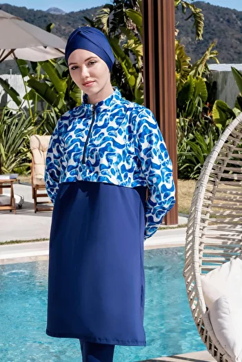 Mayom Πλήρως καλυμμένο Crop Μοντέλο Μπλε Μοτίβο Hijab Μαγιό - 2525