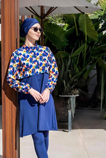 Mayom Fully Covered Crop Model Floral Patterned Hijab Swimsuit-2523