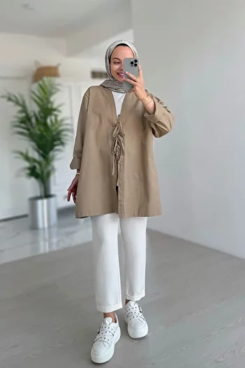 Ka Hijab Μπουφάν Gabardine με δέσιμο μπροστά - Mink