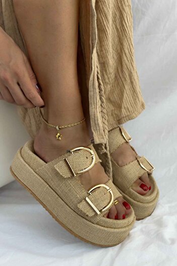 Shoebutik Giza Wicker Natural High Wedge Heel Women's Slippers