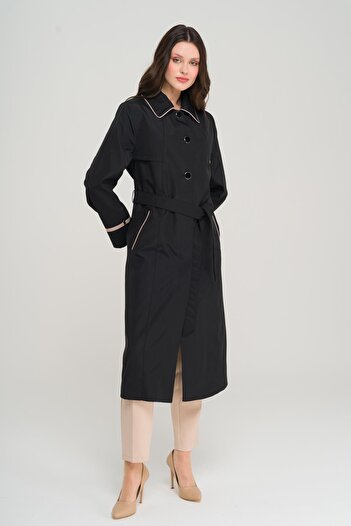 Olcay Oversized Trench Coat - Black 4301: Shoulder Collar Piping and Cape