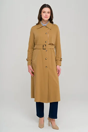 Olcay Unlined Trench Coat with Zipper and Epaulettes Taba 6697