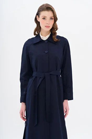 Olcay Shirt Collar Side Slit Lined Water Repellent Long Trench Coat Dark Blue 6700
