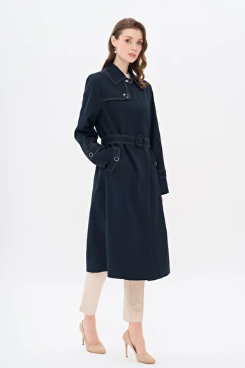 Olcay Shirt Collar Stitching Detailed Large Size Trench Coat Dark Blue 4300