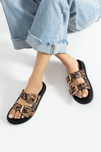 Güllü Shoes Κομψές γυναικείες παντόφλες Leopard Vegan Leather με διπλή πόρπη – Θερμική σόλα, αντιολισθητική, καλοκαιρινό μοντέλο