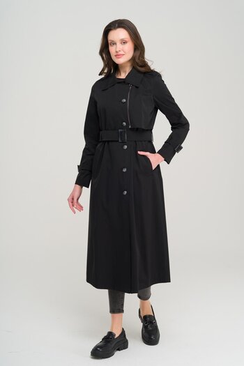 Olcay Unlined Trench Coat with Zipper and Epaulettes Black 6697