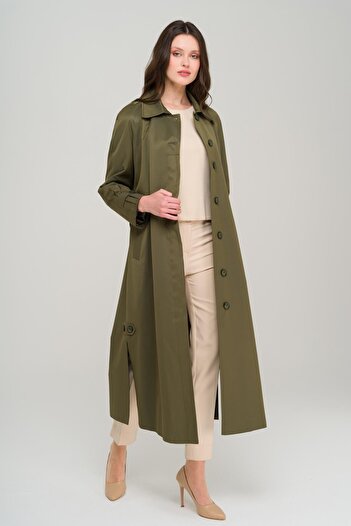 Olcay Shirt Collar Side Slit Lined Water Repellent Long Trench Coat A.Khaki 6700