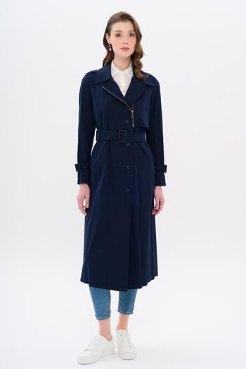 Olcay Unlined Trench Coat with Zipper and Epaulettes Dark Blue 6697