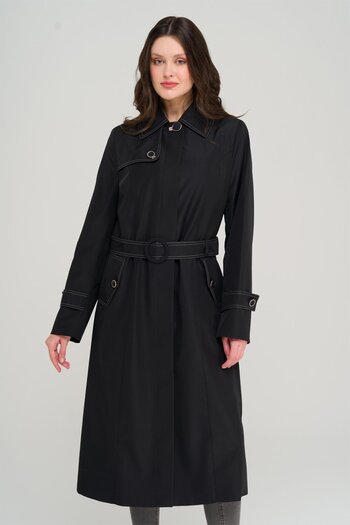 Olcay Shirt Collar Stitching Detailed Large Size Trench Coat Black 4300
