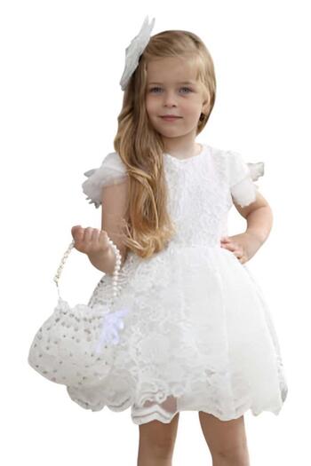 Riccotarz Girl's Lace Guipure Embroidered Transparent Tulle Zero Sleeve White Dress
