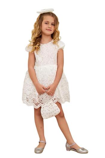 Riccotarz Girl's Lace Guipure Embroidered Transparent Tulle Zero Sleeve White Dress