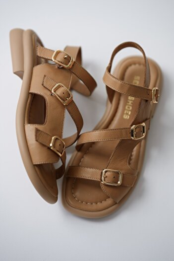selinshoes Bloss 3-Piece Rubber Buckle Detailed Genuine Leather Women's Sandals - Beige