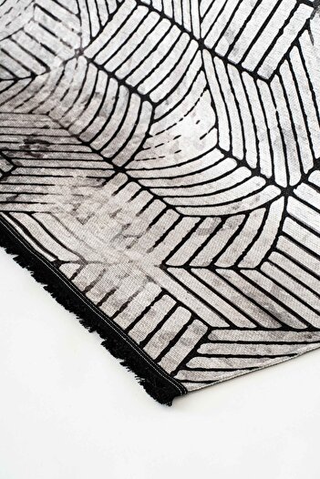 Oriente Home Geometrik Desenli Yıkanabilir Kaymaz Taban Şönil Halı Gri Siyah Yolluk 7811