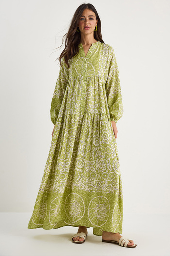 Bianco Lucci Women's V-Neck Patterned Button Detailed Maxi Viscose Dress 2423 60283334
