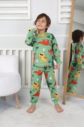 ZUZUNGA Dinozor Desenli Erkek Çocuk Pijama Takımı Yeşil 3-8 Yaş