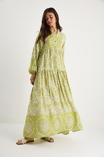 Bianco Lucci Women's V-Neck Patterned Button Detailed Maxi Viscose Dress 2423 60283334