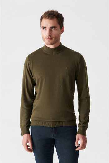 Avva Men's Khaki Half Turtleneck Non-Pilling Knitwear Sweater E 005001