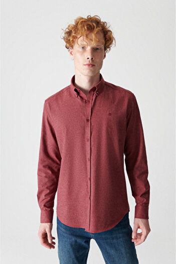 Avva Men's Claret Red Basic Buttoned Collar Cotton Shirt E 002003