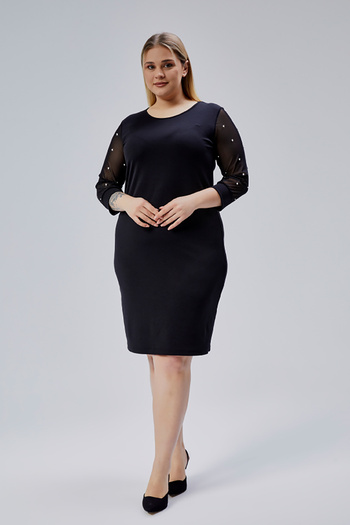 Curvy Trend Plus Size Pearl Detail Tulle Sleeve Stretchy Crepe Dress