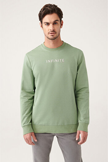 Avva Men's Water Green Crew Neck Printed Cotton Sweatshirt A31Y1210