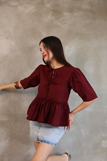 GALAVİP Women's New Season Front Tie Poplin Fabric Blouse