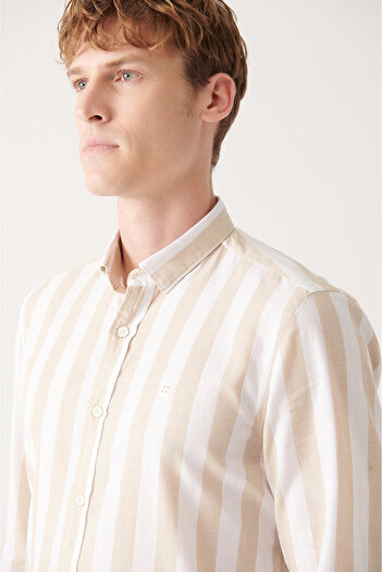 Avva Men's Beige Cotton Linen Striped Shirt A31Y2217