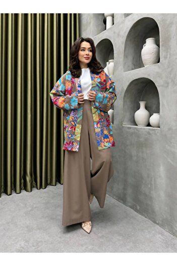 Marjita Women's Floral Comfortable Fit Summer Kimono Loose Wide Leg Pants Suit - Milk Coffee