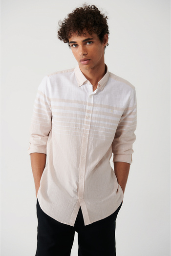 Avva Men's Beige 100% Cotton Linen Look Shirt A31Y2303