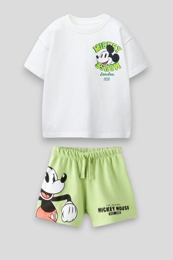 Magu Girls Cotton White Green Character Print T-Shirt and Shorts Set - Fun Style