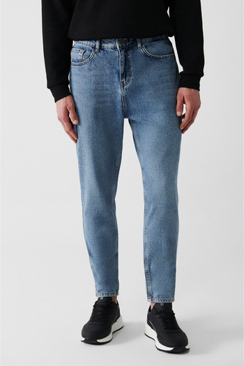 Avva Men's Light Blue Random Wash 100% Cotton Jean Pants E 003548