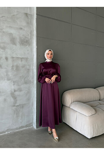Aranlı tekstil Balloon Sleeve Satin Hijab Oversize Piping Belted Hijab Dress