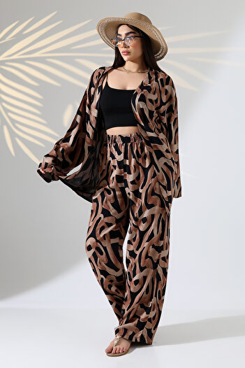 forte bella Patterned Maxi Length Bottom-Top Kimono Set