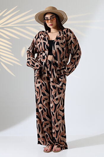 forte bella Patterned Maxi Length Bottom-Top Kimono Set