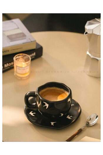 Generic Black ceramic coffee mug with white decoration, 250ml
