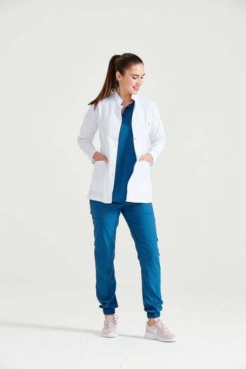 DEMOTEKS Uniforma Lab Coat Halat Medical Scurt Alb Femei – Cu Trei Buzunare, Maneca Lunga, Guler Tunica