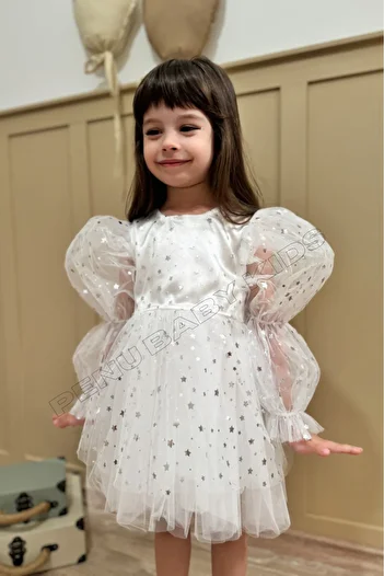 penu baby kids Φόρεμα για κορίτσια με μακρυμάνικο λευκό τούλι με αστέρια