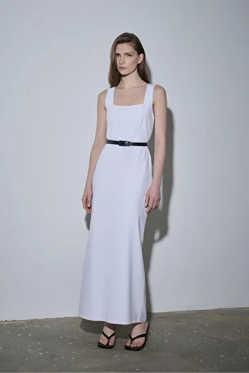 Suud Collection White Monik Square Collar Linen Dress