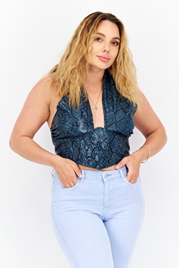 Missguided Women Halter Neck Sleeveless Animal Print Top, Teal Blue