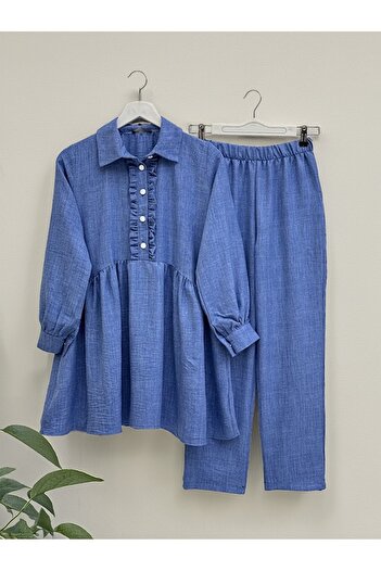 Modamorfo Ruffled Front Half Button Linen Suit -Indigo